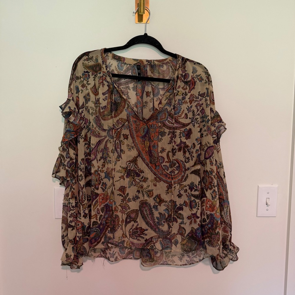 Zara‎ TRF Paisley Floral Ruffle Blouse XL Brown Metallic Gold Tie Neck Sheer Top